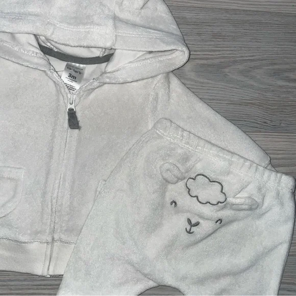 Carter’s Baby Boys 2PC Outfit 3M Fleece White Zip Hoodie Ears Lamb Pants Set - Picture 2 of 4